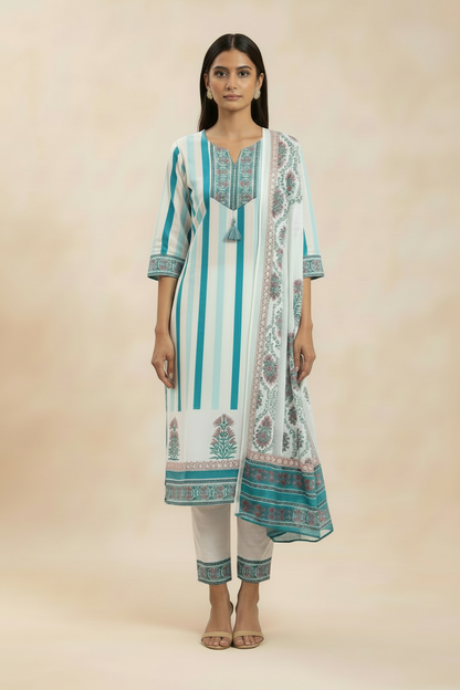 White Blue Stripes Cotton Straight Suit Set