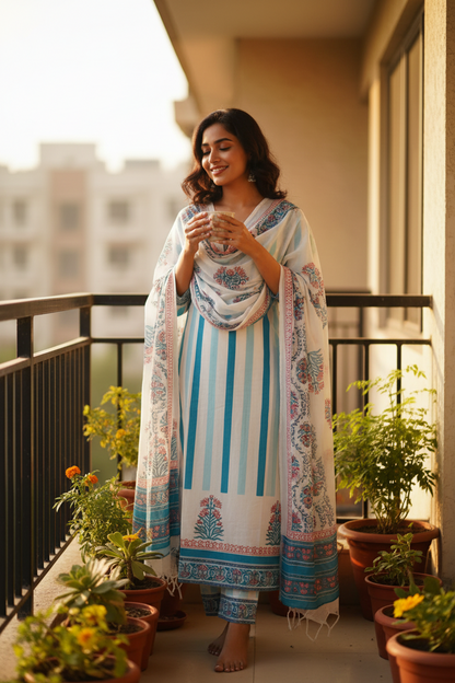 White Blue Stripes Cotton Straight Suit Set