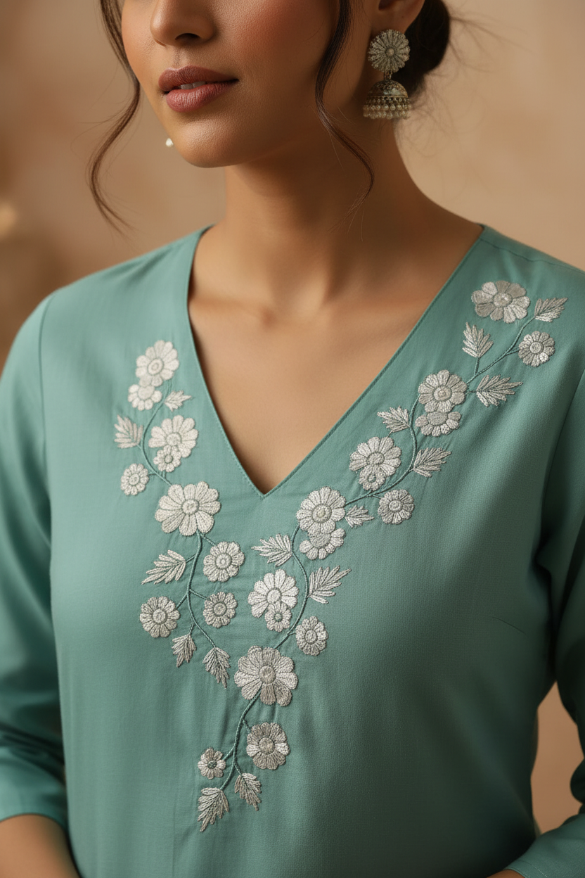 Sea Green Cotton Straight Suit Set