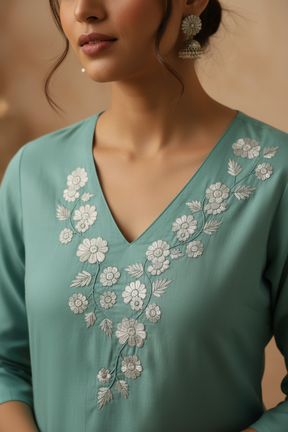 Sea Green Cotton Straight Suit Set
