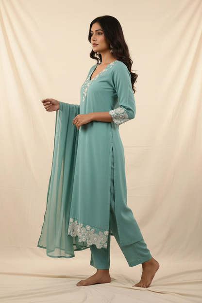 Sea Green Cotton Straight Suit Set