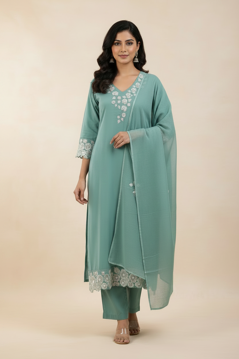 Sea Green Cotton Straight Suit Set