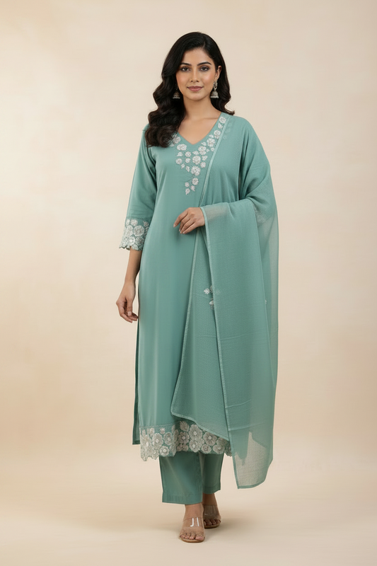 Sea Green Cotton Straight Suit Set