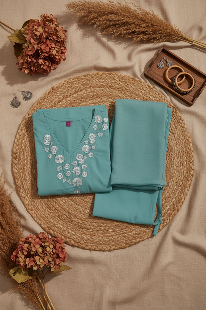 Sea Green Cotton Straight Suit Set