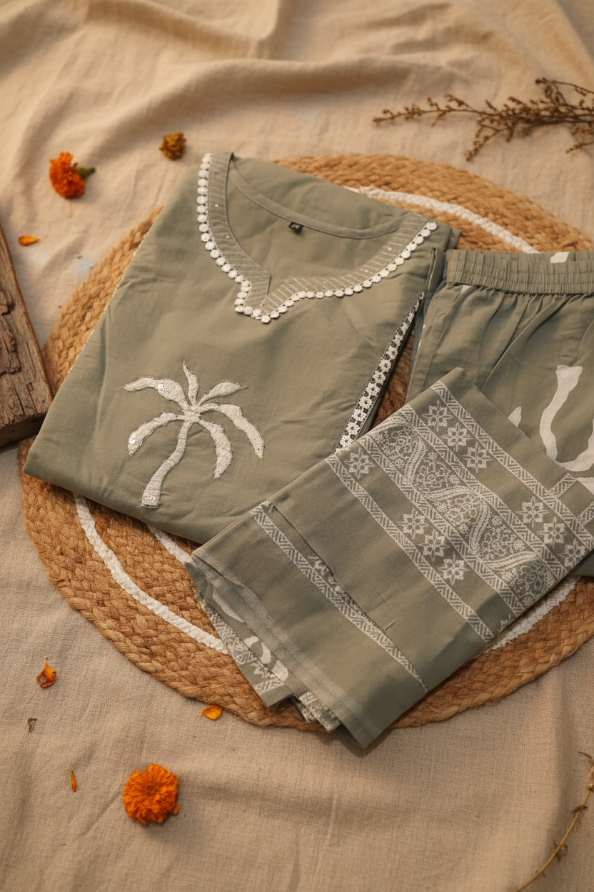 Grey Lace Detailing Cotton Suit Set with Pockets