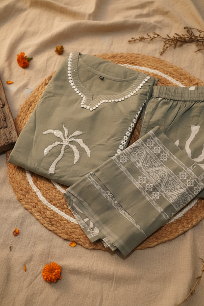 Grey Lace Detailing Cotton Suit Set with Pockets