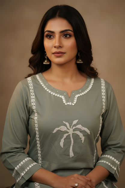 Grey Lace Detailing Cotton Suit Set with Pockets