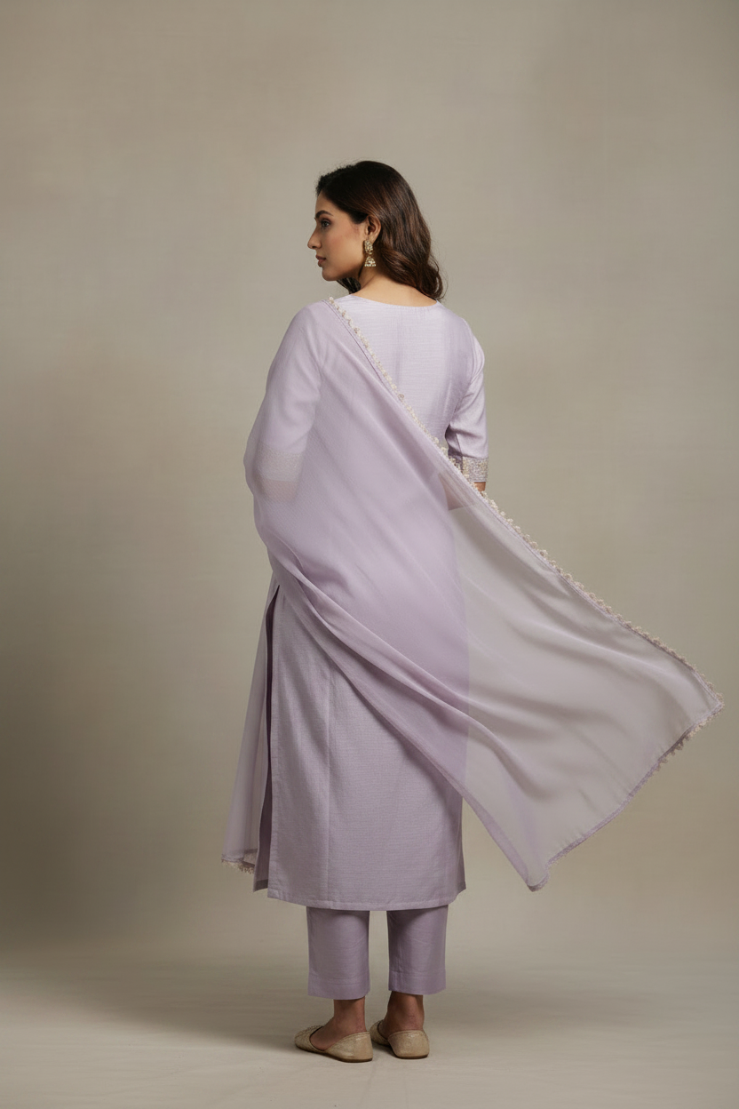 Lilac Embroidered Mul Chanderi Straight Suit Set