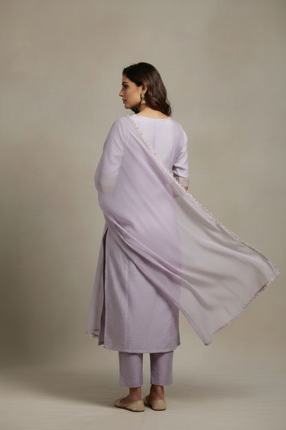 Lilac Embroidered Mul Chanderi Straight Suit Set