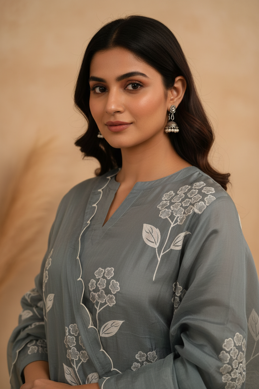Slate Blue Embroidered Mul Chanderi Suit Set