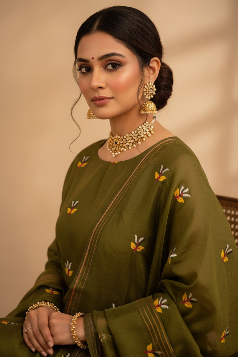 Mehendi Green Handwoven Jamdani Straight Suit Set