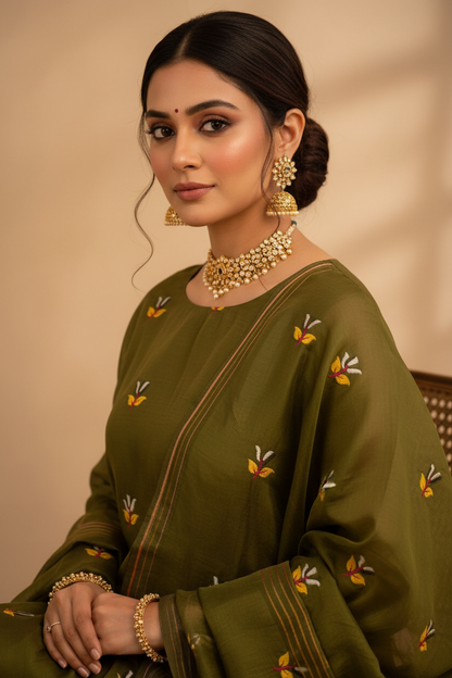 Mehendi Green Handwoven Jamdani Straight Suit Set