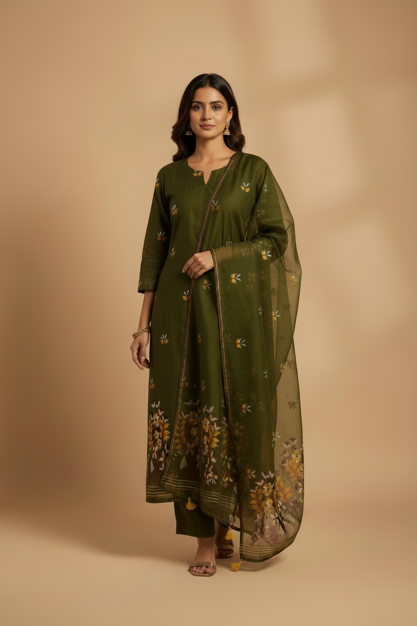 Mehendi Green Handwoven Jamdani Straight Suit Set