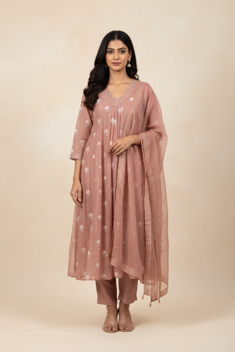 Blush Pleated Embroidered Mul Chanderi Suit Set