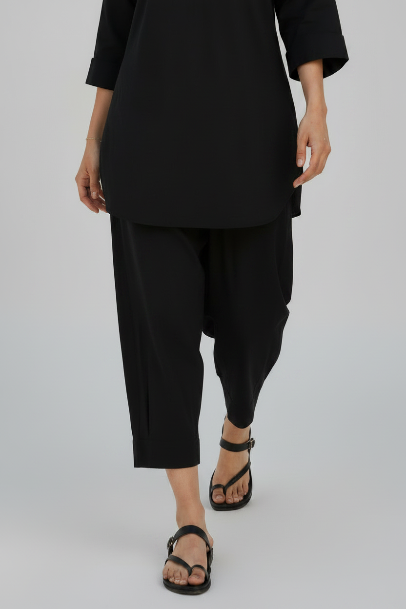 Black Cotton Harem Pant Short Kurta Set