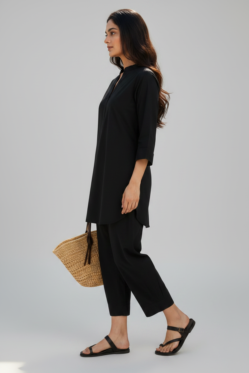 Black Cotton Harem Pant Short Kurta Set
