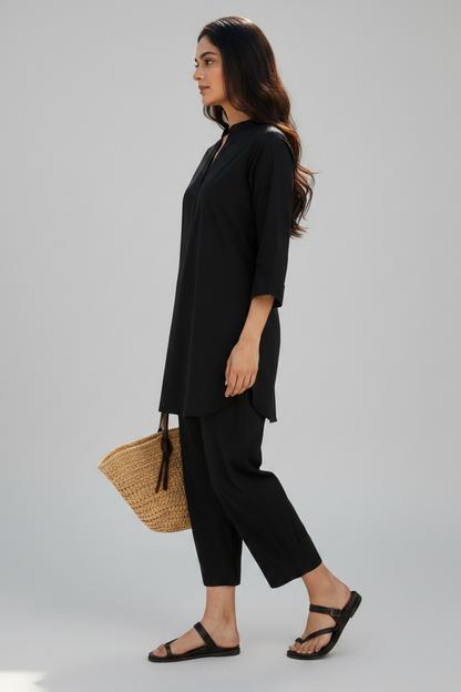 Black Cotton Harem Pant Short Kurta Set
