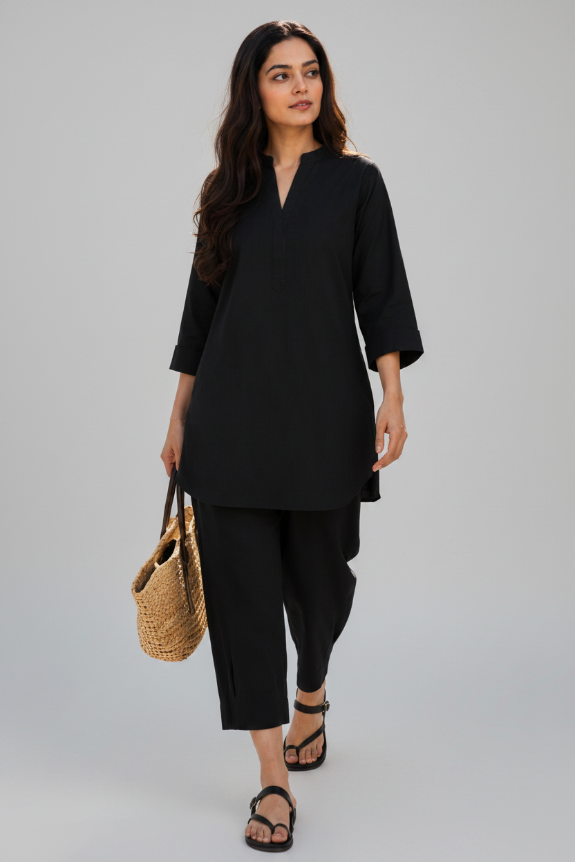 Black Cotton Harem Pant Short Kurta Set