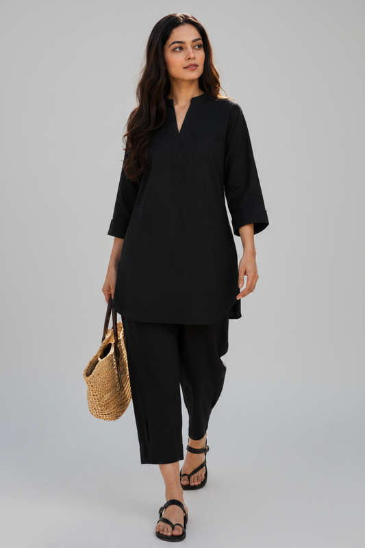 Black Cotton Harem Pant Short Kurta Set