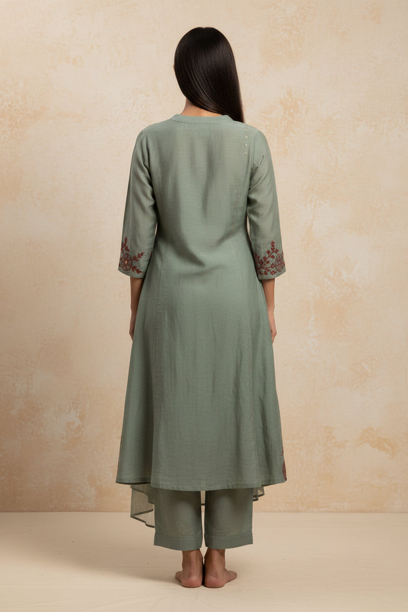 Sage Green Kantha Work Mul Chanderi Suit Set