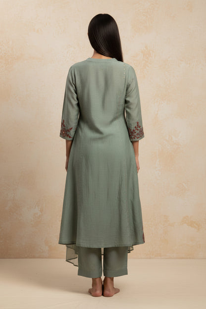 Sage Green Kantha Work Mul Chanderi Suit Set