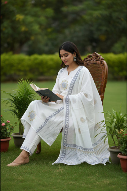 White Printed Cotton Suit Set