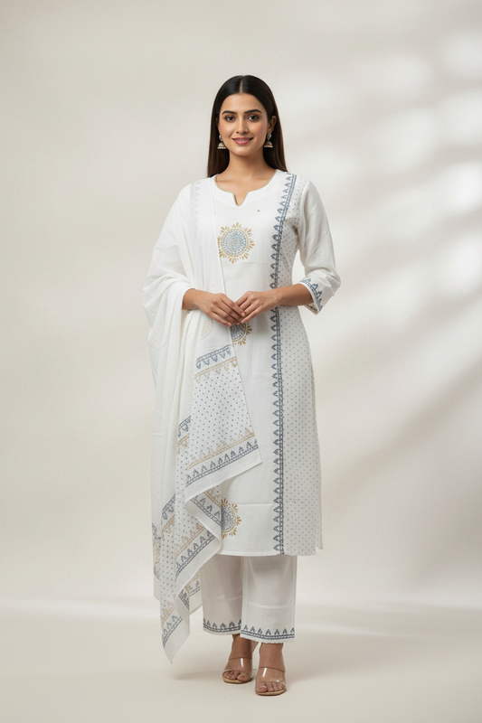 White Printed Cotton Suit Set