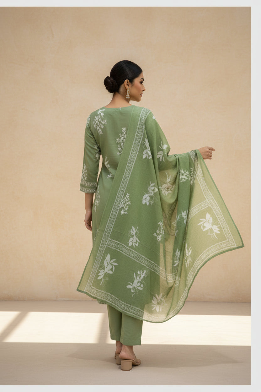 Fern Green Cotton Straight Suit Set