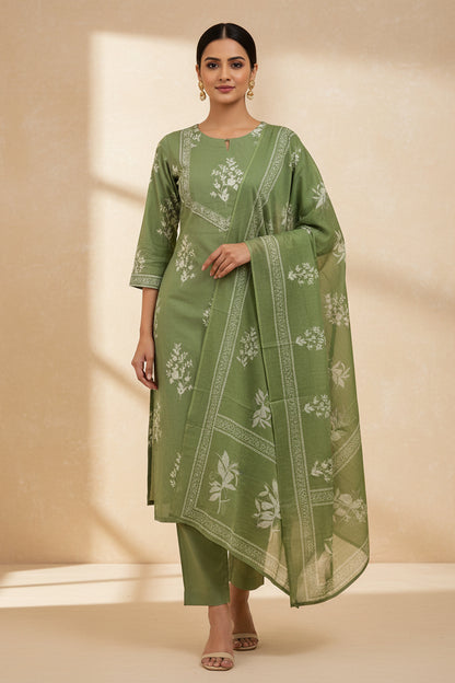 Fern Green Cotton Straight Suit Set