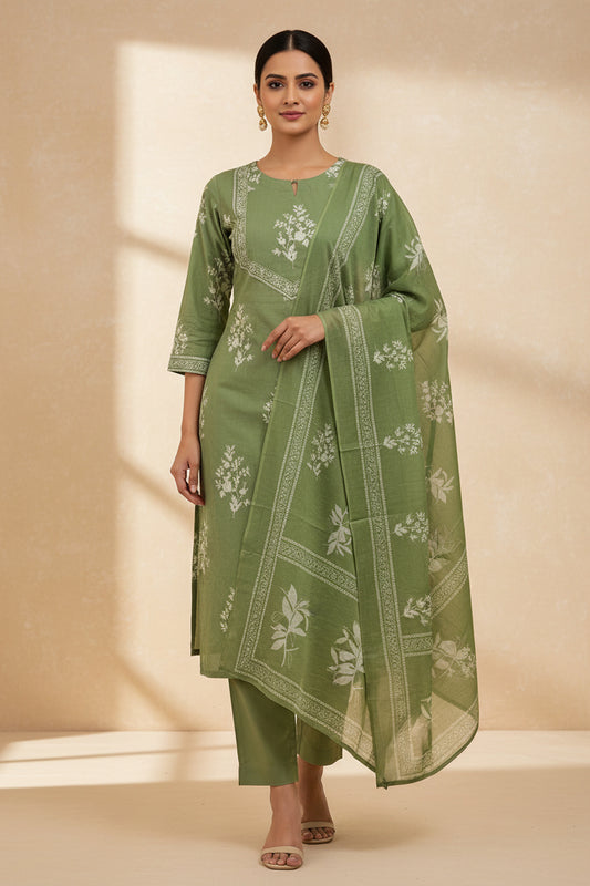 Fern Green Cotton Straight Suit Set