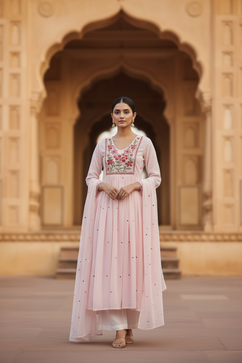 Pink Floral Mul Cotton Suit Set