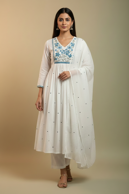 White Floral Mul Cotton Suit Set