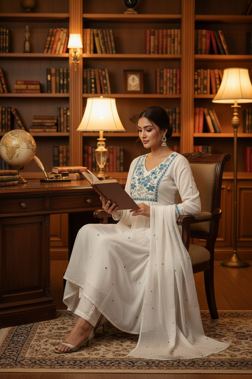 White Floral Mul Cotton Suit Set