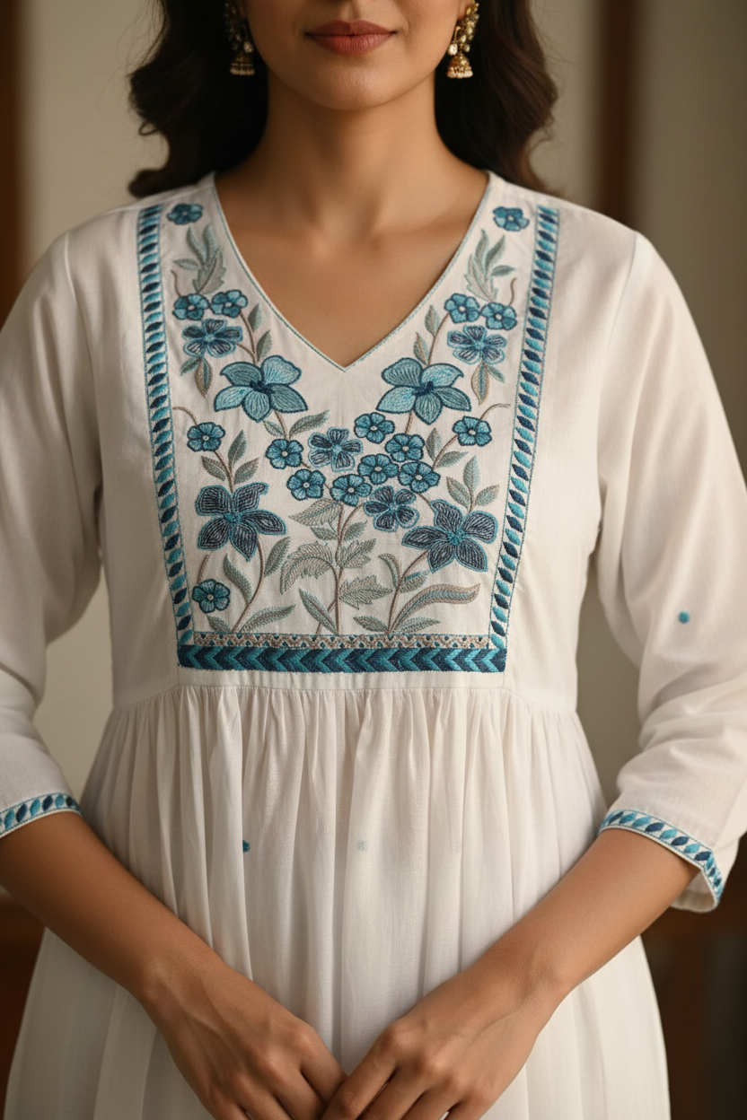 White Floral Mul Cotton Suit Set