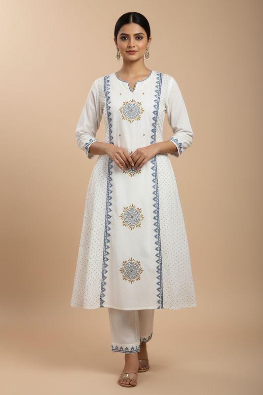 White Printed Cotton Suit Set