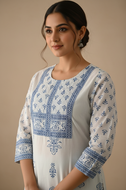Blue White Handblock Cotton Straight Suit Set