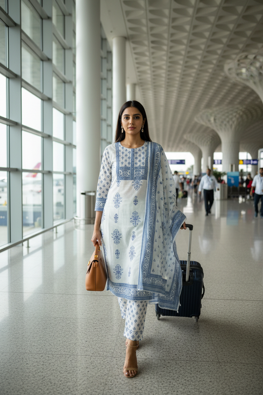 Blue White Handblock Cotton Straight Suit Set