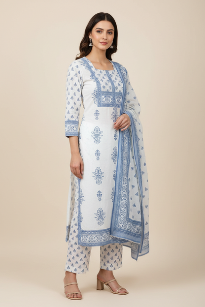 Blue White Handblock Cotton Straight Suit Set