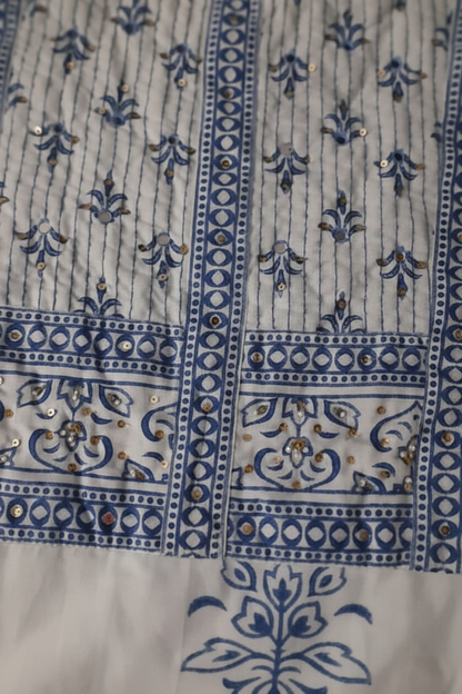 Blue White Handblock Cotton Straight Suit Set