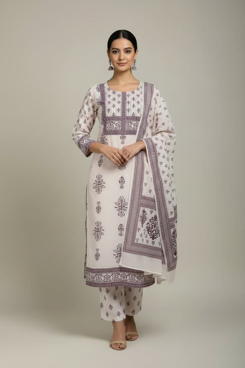 Pink Handblock Cotton Straight Suit Set