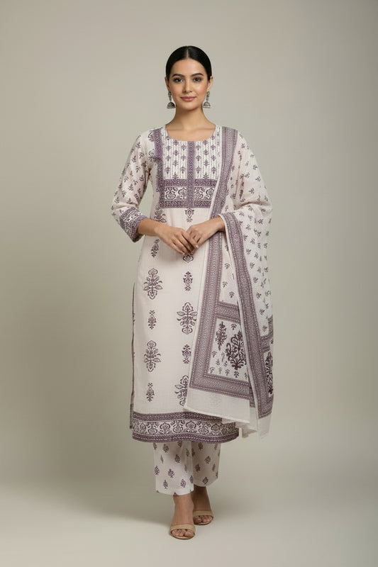Pink Handblock Cotton Straight Suit Set