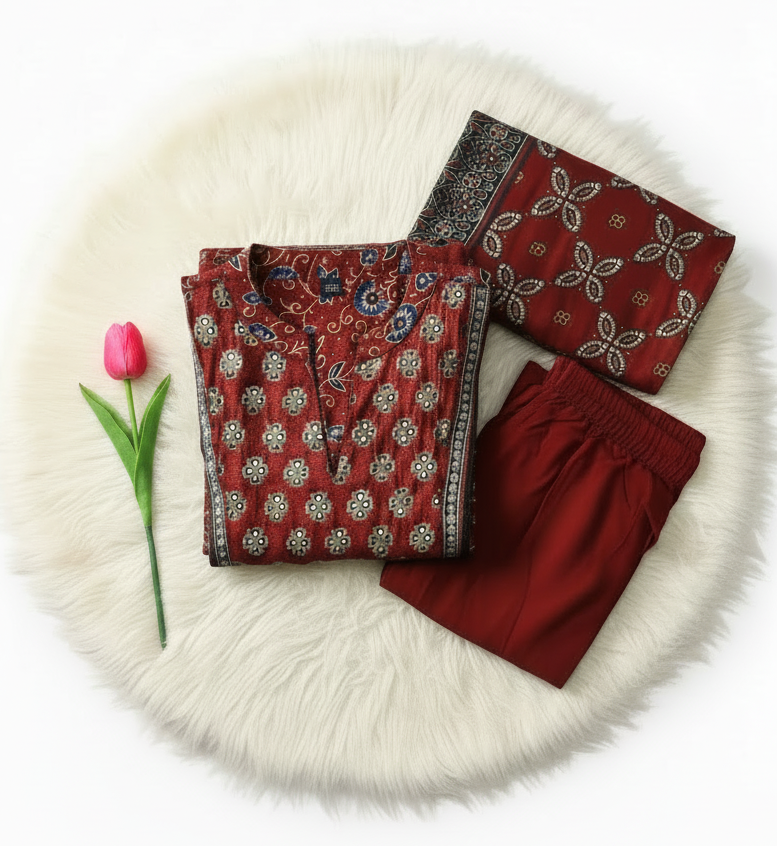 Maroon Leaf Ajrakh Cotton Suit Set
