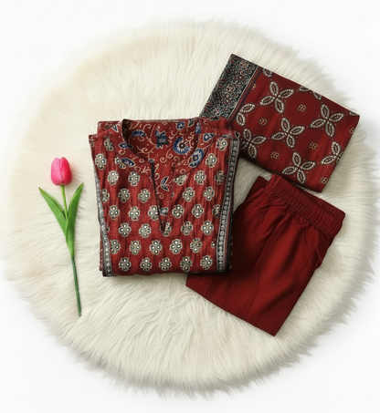 Maroon Leaf Ajrakh Cotton Suit Set