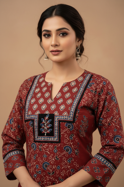 Maroon Leaf Ajrakh Cotton Suit Set