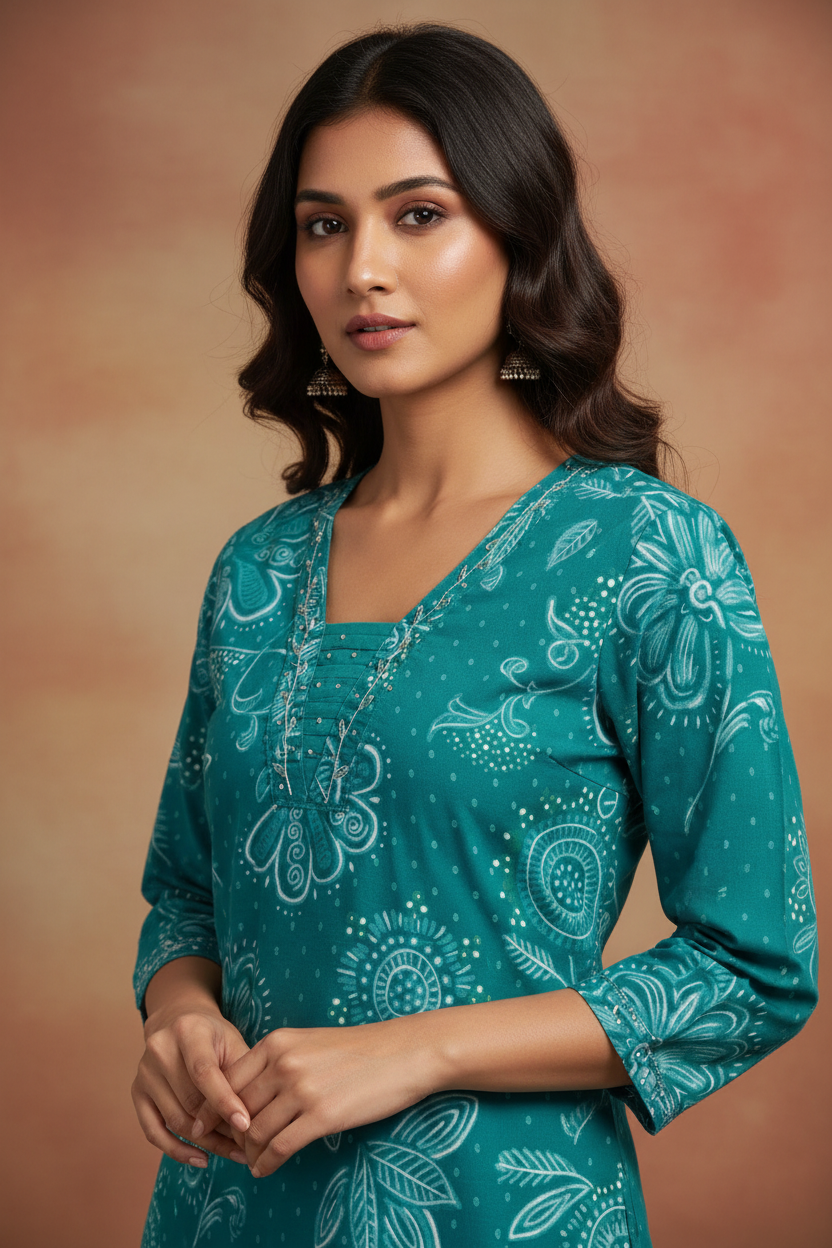 Teal Blue Cotton Straight Suit Set