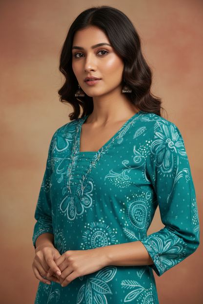 Teal Blue Cotton Straight Suit Set