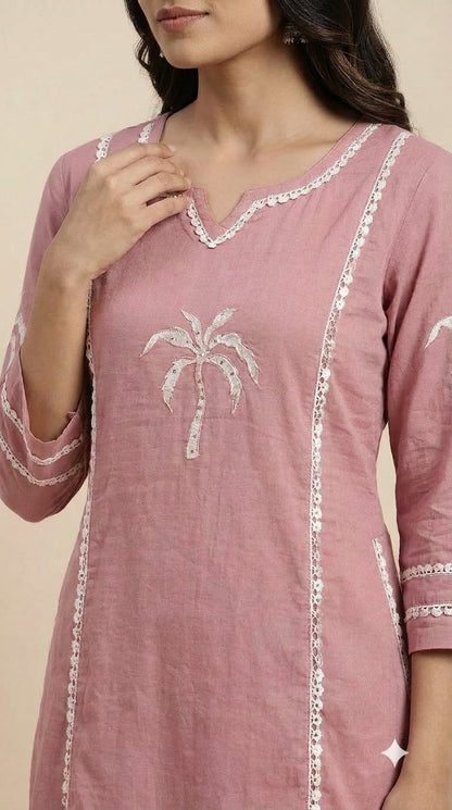 Mauve Pink Lace Detailing Cotton Suit Set with Pockets