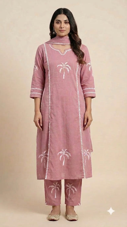 Mauve Pink Lace Detailing Cotton Suit Set with Pockets