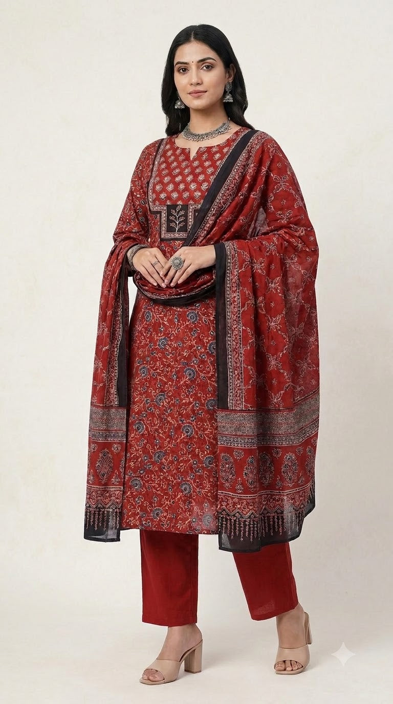 Maroon Leaf Ajrakh Cotton Suit Set