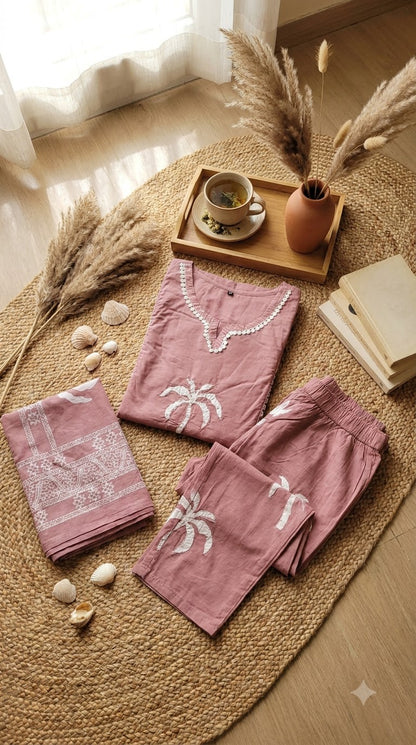 Mauve Pink Lace Detailing Cotton Suit Set with Pockets
